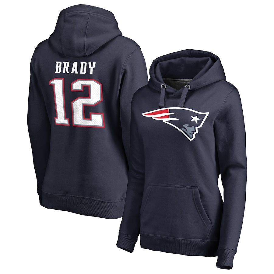 Women New England Patriots #12 Tom Brady NFL Pro Line by Fanatics Branded Navy Name & Number Player Icon Pullover Hoodie
